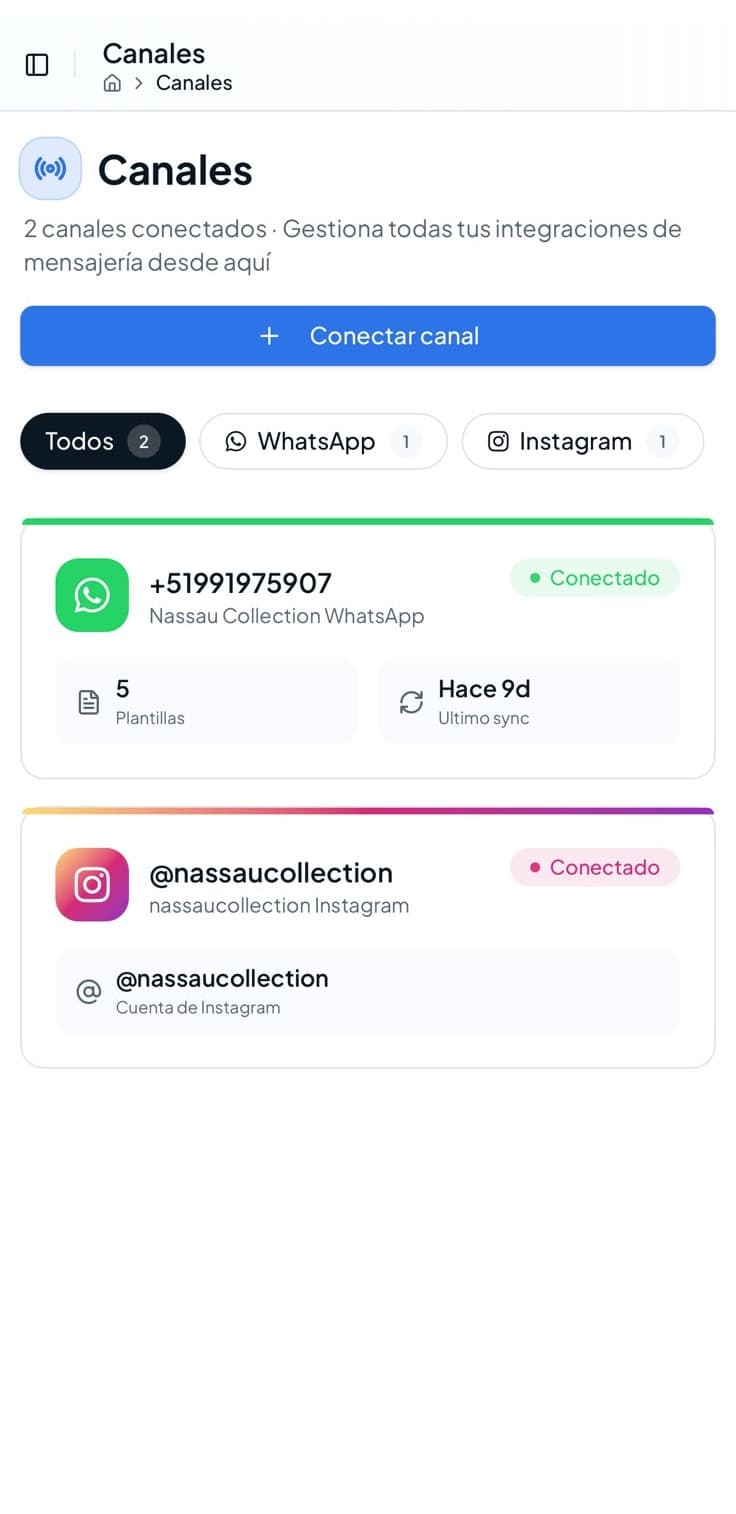 Panel de canales de VentIA con WhatsApp e Instagram conectados